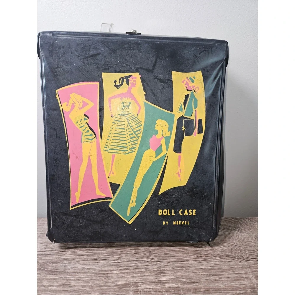 Vintage 1960s Neevel Doll Case Black Vinyl Fashion Graphic Trunk MCM Toy Storage
